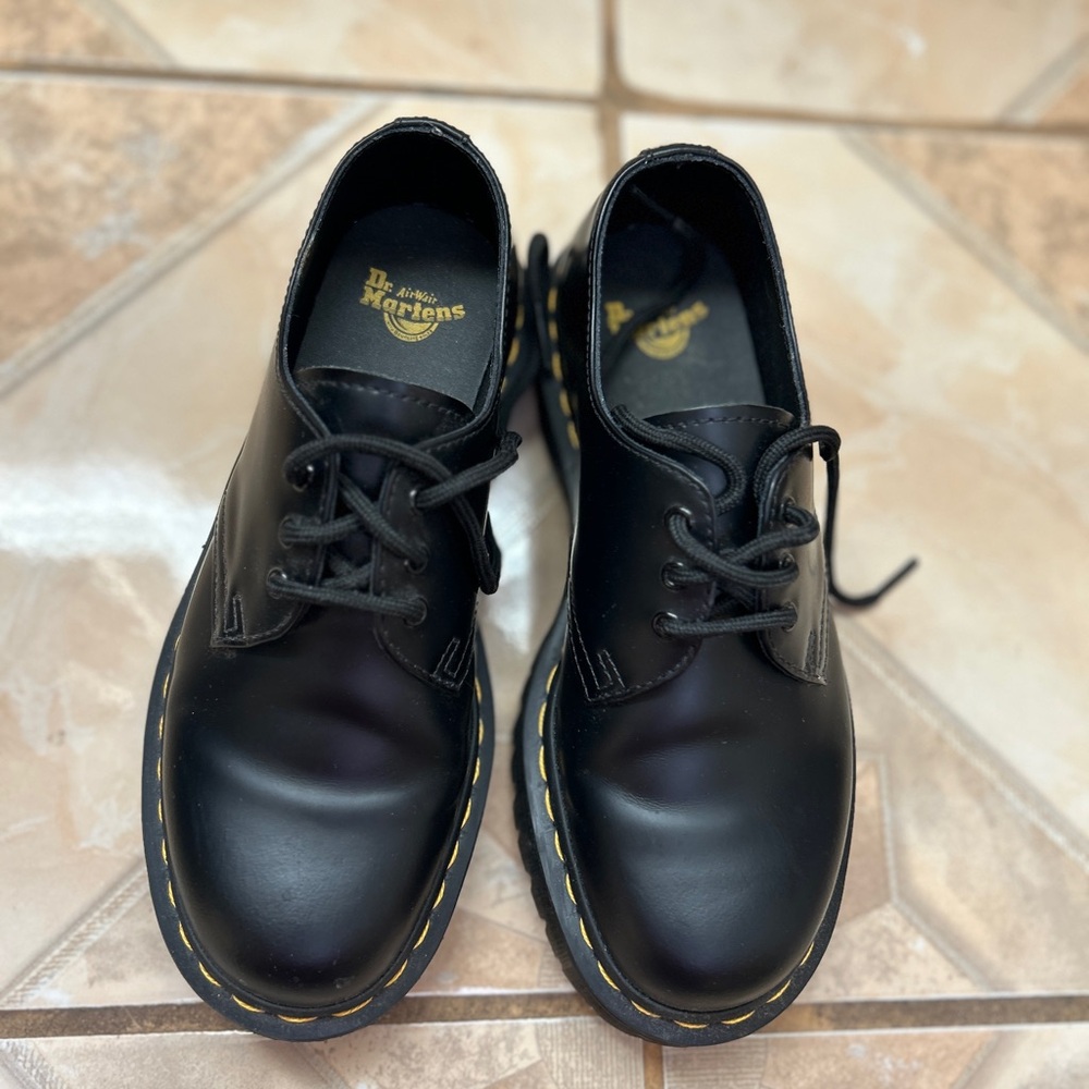 Dr. Martens Black Leather Oxfords with Yellow Stitching